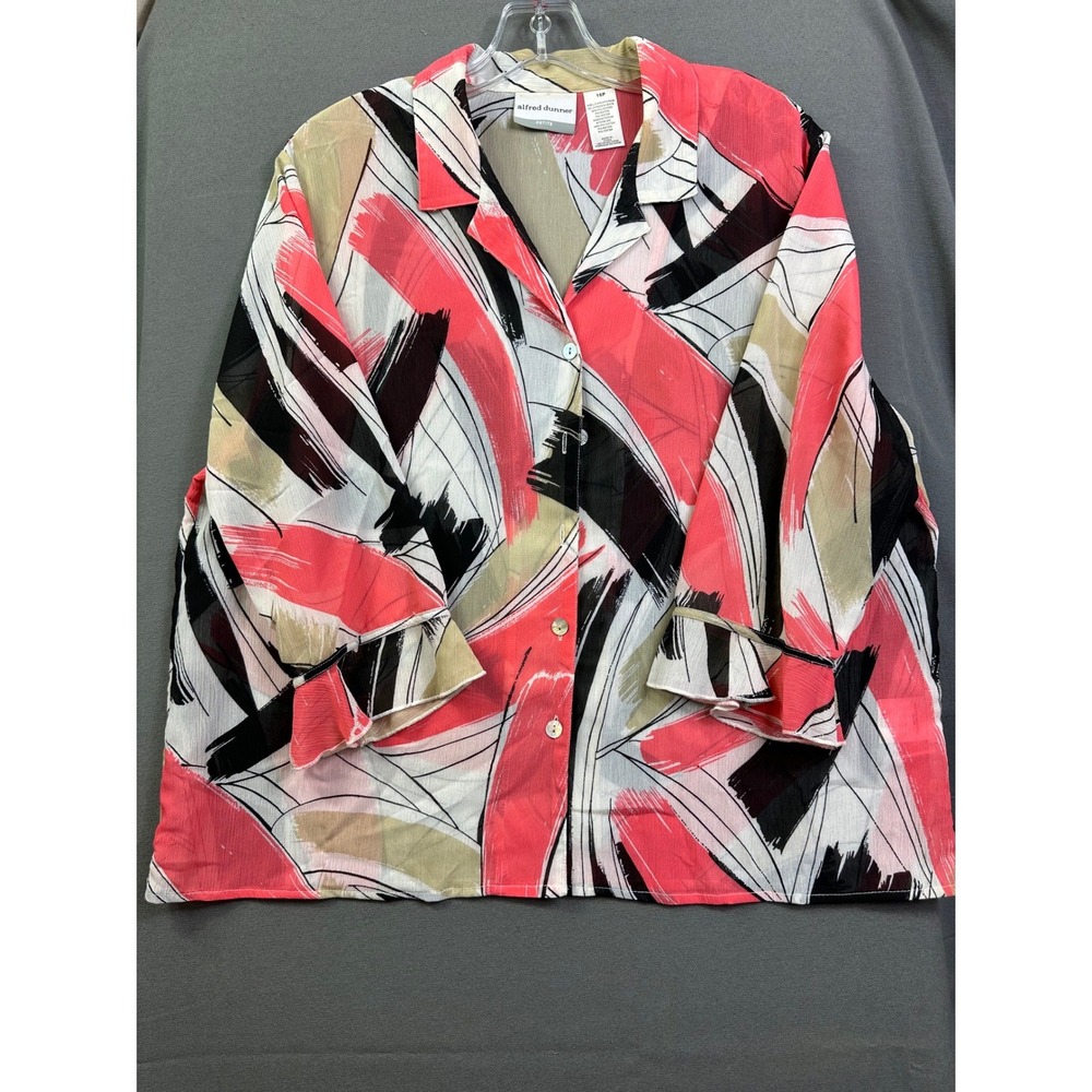 Alfred Dunner Petite 16P Pink Abstract Brushstroke Button Up Ruffle Sleeve Shirt